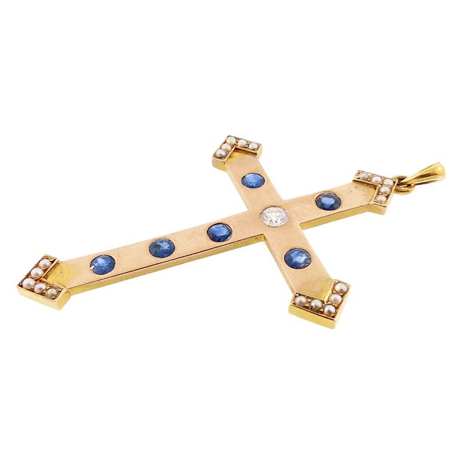 Victorian 14K Gold, Diamond, Sapphire &amp; Pearl Cross Crucifix Pendant