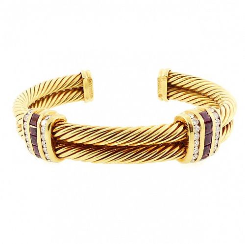 David Yurman DOUBLE CABLE 18K Gold, Diamond, Ruby Open Bangle Bracelet