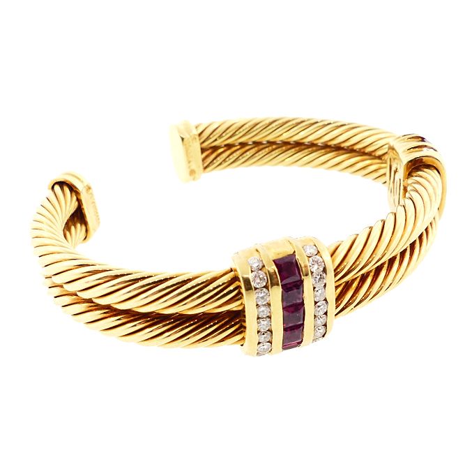 David Yurman DOUBLE CABLE 18K Gold, Diamond, Ruby Open Bangle Bracelet