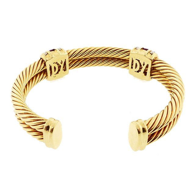 David Yurman DOUBLE CABLE 18K Gold, Diamond, Ruby Open Bangle Bracelet