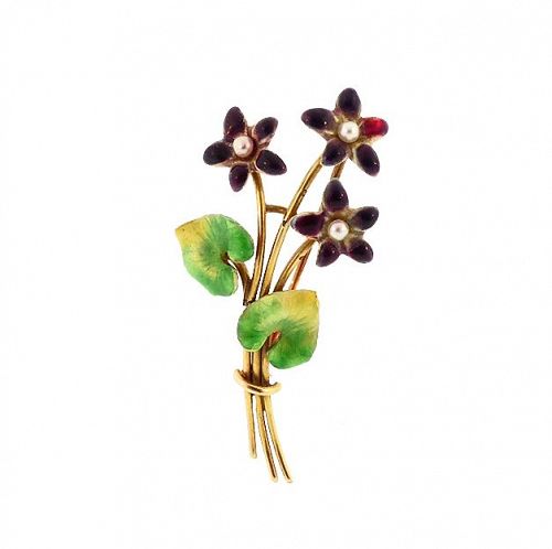 Art Nouveau Krementz 14K Gold Enamel Pearl Violet Bouquet Pin