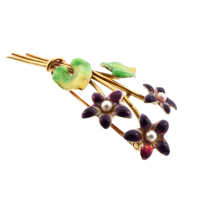 Art Nouveau Krementz 14K Gold Enamel Pearl Violet Bouquet Pin