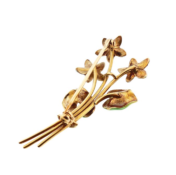 Art Nouveau Krementz 14K Gold Enamel Pearl Violet Bouquet Pin