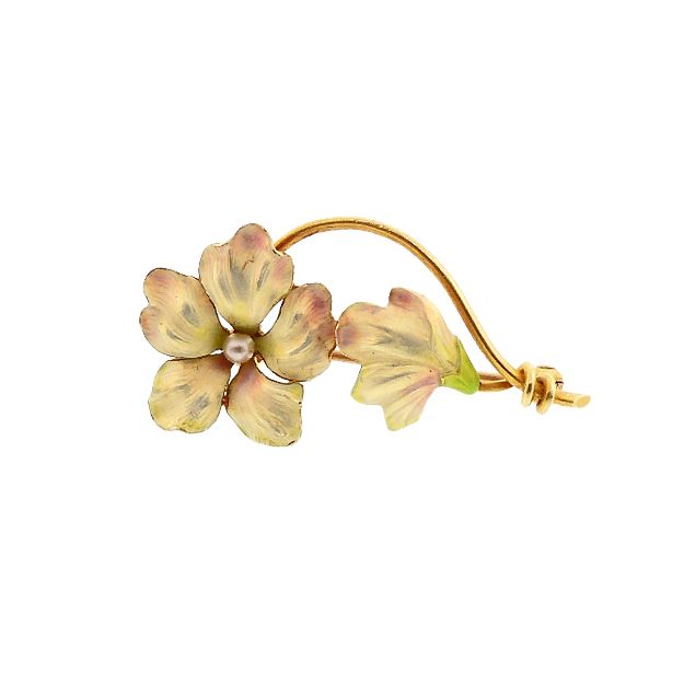 Art Nouveau 14K Gold, Enamel &amp; Seed Pearl Flower Pin