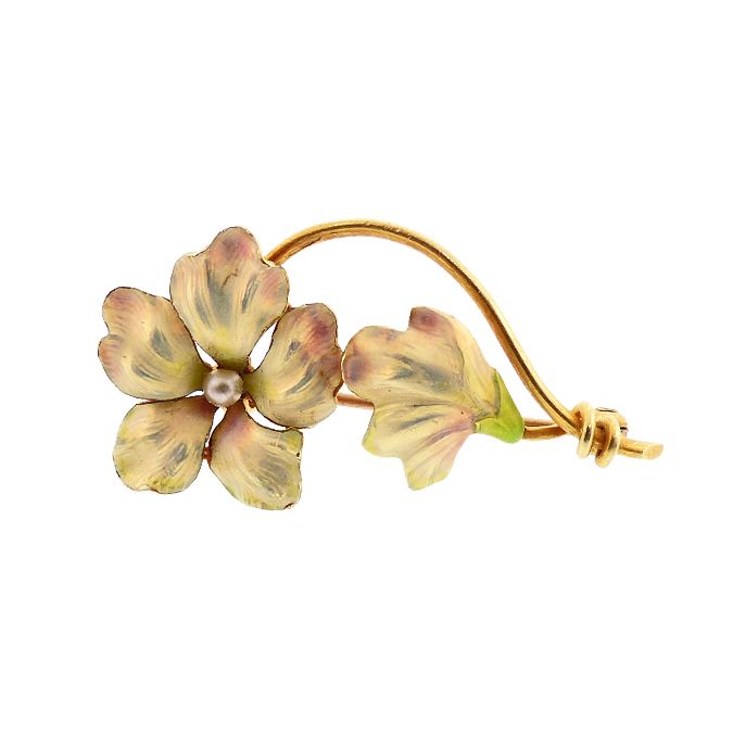 Art Nouveau 14K Gold, Enamel &amp; Seed Pearl Flower Pin