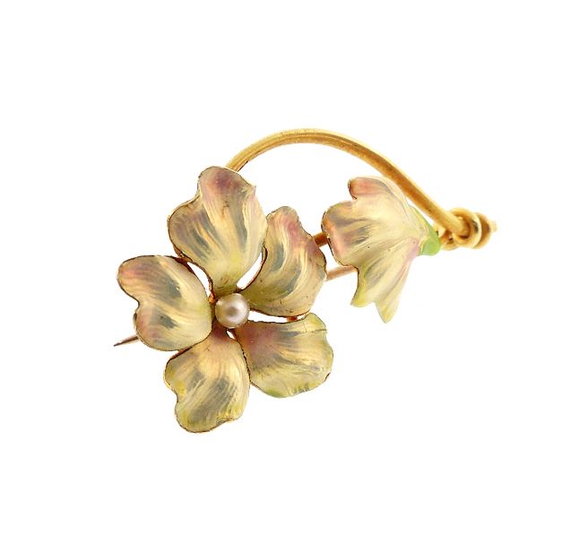 Art Nouveau 14K Gold, Enamel &amp; Seed Pearl Flower Pin