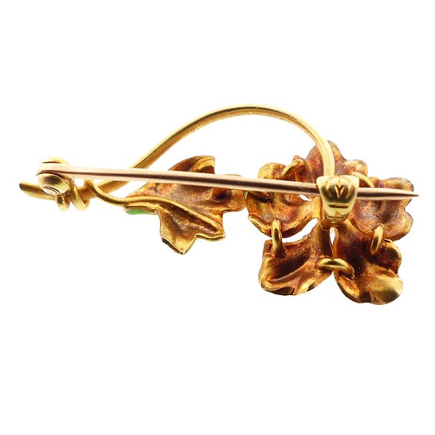 Art Nouveau 14K Gold, Enamel &amp; Seed Pearl Flower Pin