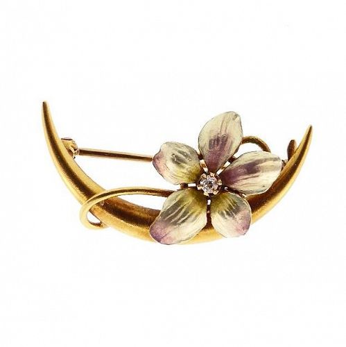 Art Nouveau 14K Gold, Enamel & Diamond Floral Honeymoon Pin