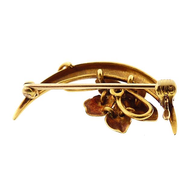 Art Nouveau 14K Gold, Enamel &amp; Diamond Floral Honeymoon Pin