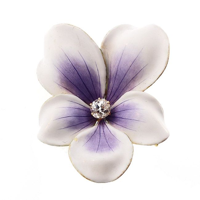 Art Nouveau Enameled 18K Gold Diamond Violet Flower Pendant / Pin