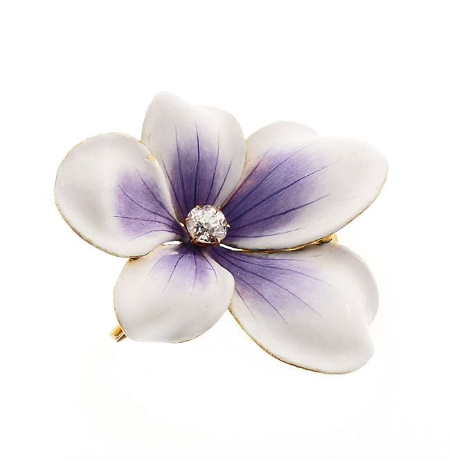 Art Nouveau Enameled 18K Gold Diamond Violet Flower Pendant / Pin