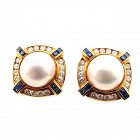 18K Gold, Pearl, Diamond & Sapphire Earrings by SPARK