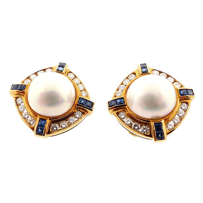 18K Gold, Pearl, Diamond &amp; Sapphire Earrings by SPARK