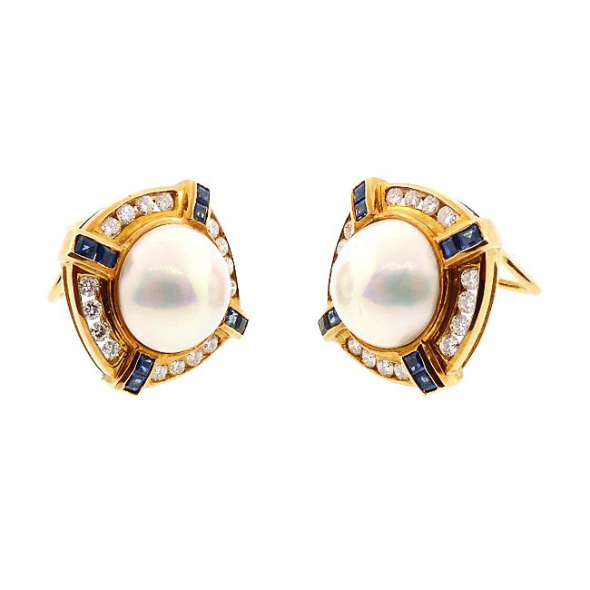 18K Gold, Pearl, Diamond &amp; Sapphire Earrings by SPARK