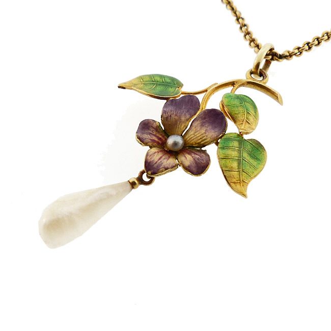 Art Nouveau Enameled Violet Pearl &amp; 14K Gold Pendant Necklace