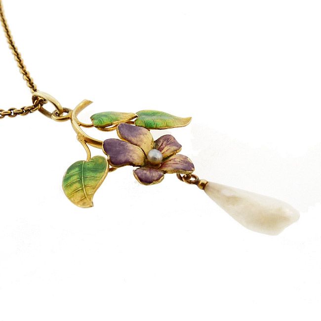 Art Nouveau Enameled Violet Pearl &amp; 14K Gold Pendant Necklace