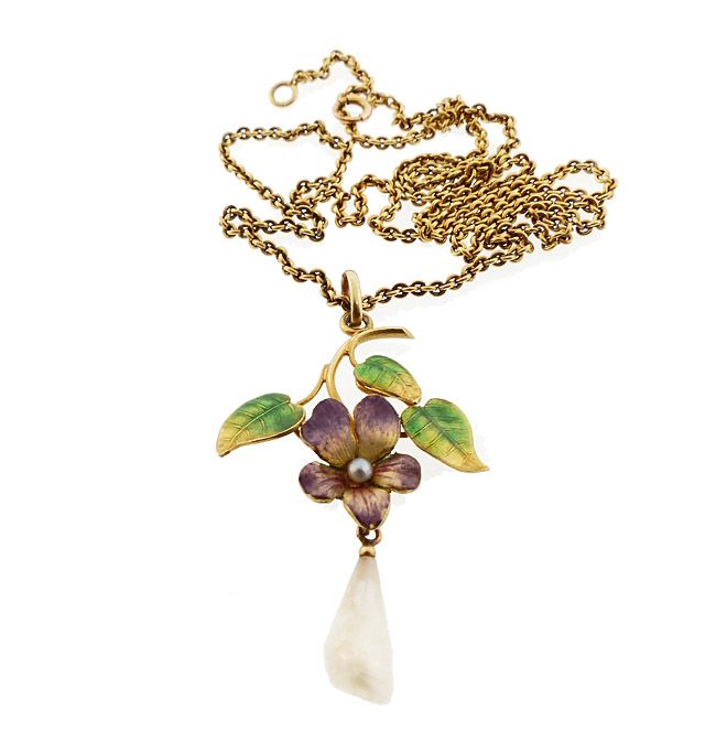 Art Nouveau Enameled Violet Pearl &amp; 14K Gold Pendant Necklace