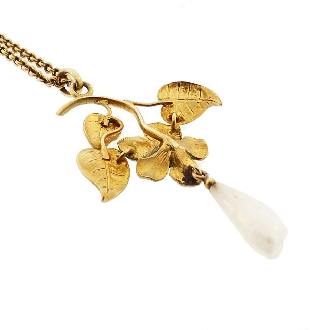 Art Nouveau Enameled Violet Pearl &amp; 14K Gold Pendant Necklace