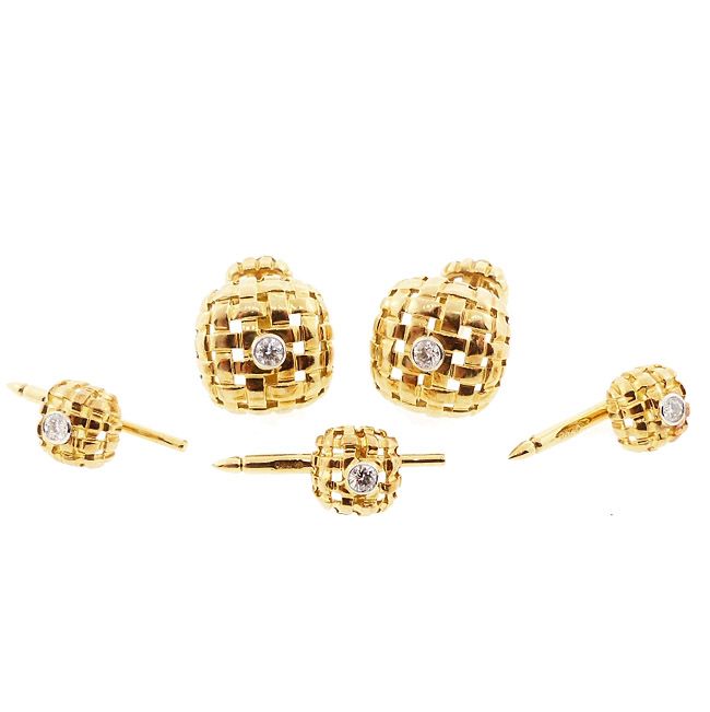 Tiffany &amp; Co. 18K Gold &amp; Diamond VANNERIE Cufflinks &amp; Studs Dress Set