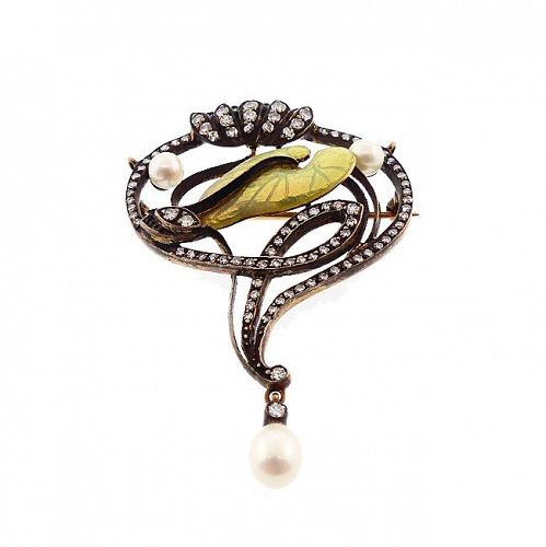 French Art Nouveau 18K Gold Diamond Pearl Enamel Lily Pad Pendant
