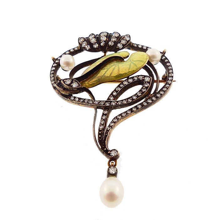 French Art Nouveau 18K Gold Diamond Pearl Enamel Lily Pad Pendant