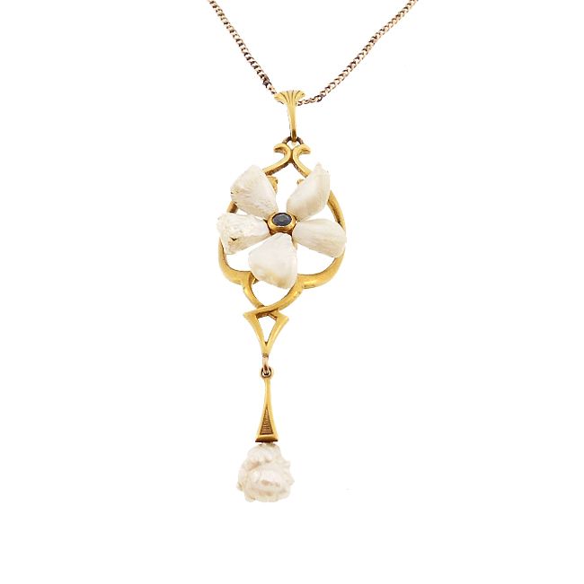 Art Nouveau 14K Gold Freshwater Pearl Sapphire Flower Pendant Necklace