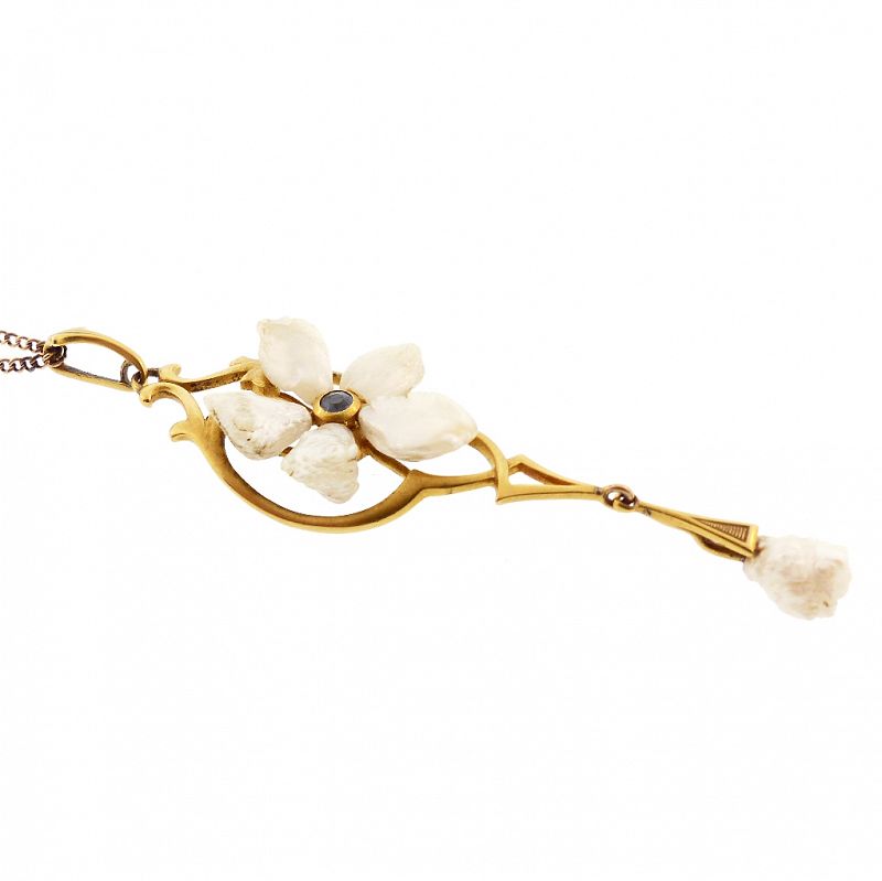 Art Nouveau 14K Gold Freshwater Pearl Sapphire Flower Pendant Necklace