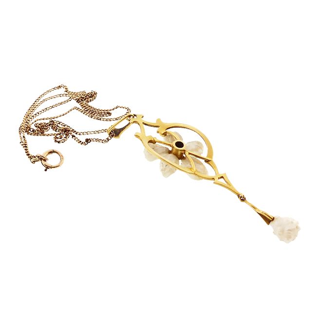 Art Nouveau 14K Gold Freshwater Pearl Sapphire Flower Pendant Necklace