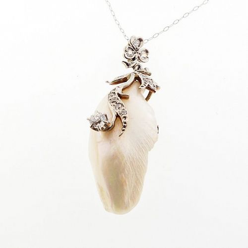 Art Nouveau Platinum Gold Freshwater Pearl & Diamond Pendant Necklace