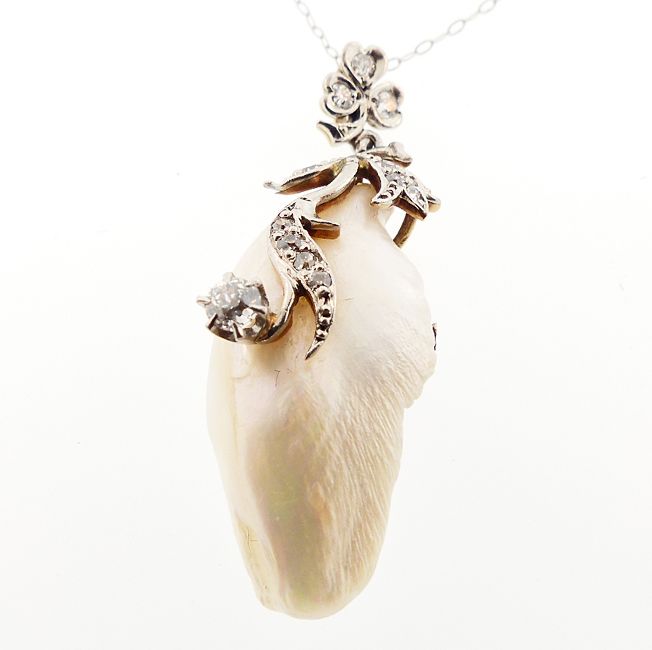 Art Nouveau Platinum Gold Freshwater Pearl &amp; Diamond Pendant Necklace