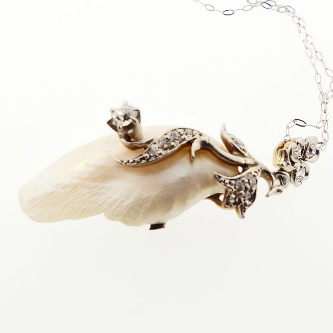 Art Nouveau Platinum Gold Freshwater Pearl &amp; Diamond Pendant Necklace
