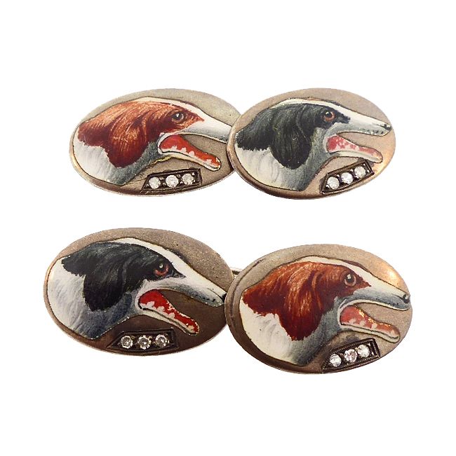 Edwardian Enameled Silver &amp; Diamond Greyhound Dog Cufflinks