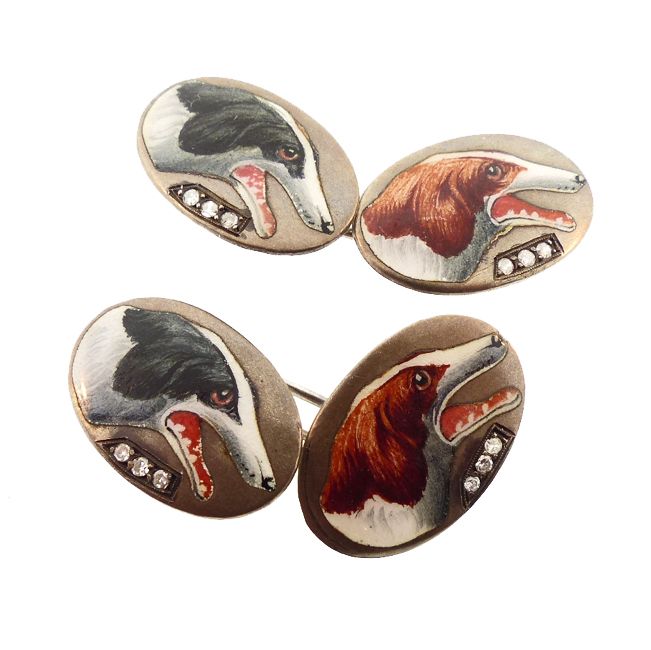 Edwardian Enameled Silver &amp; Diamond Greyhound Dog Cufflinks