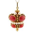 Venetian Etruscan Revival 18K Gold Red Coral & Pearl Fob Charm Pendant