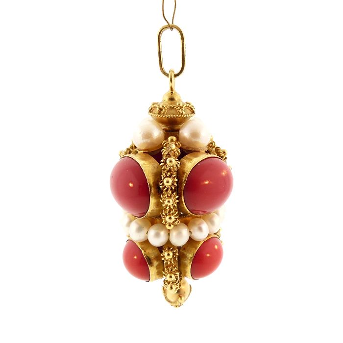 Venetian Etruscan Revival 18K Gold Red Coral &amp; Pearl Fob Charm Pendant