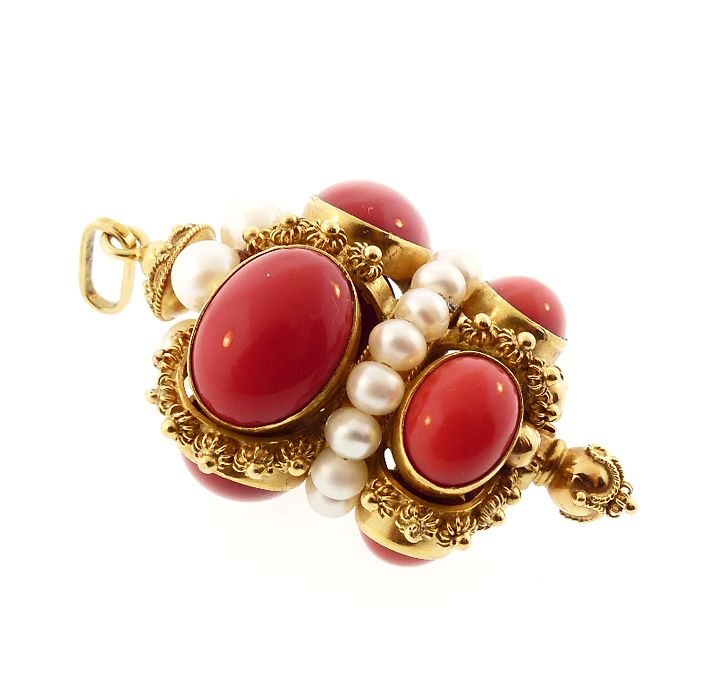 Venetian Etruscan Revival 18K Gold Red Coral &amp; Pearl Fob Charm Pendant