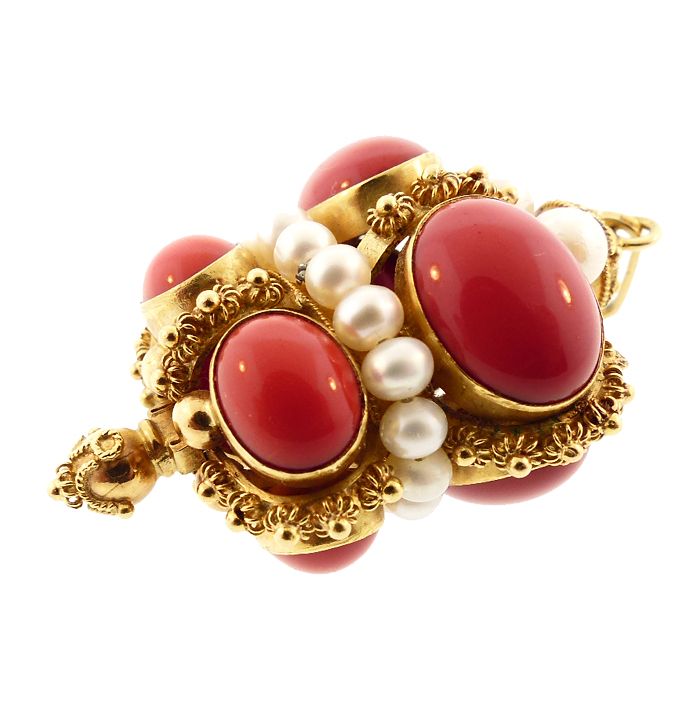 Venetian Etruscan Revival 18K Gold Red Coral &amp; Pearl Fob Charm Pendant