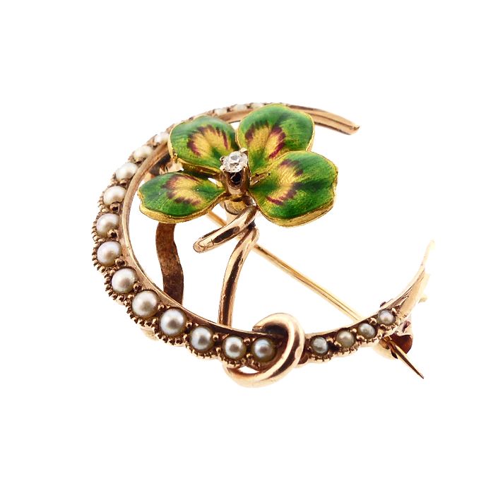 Art Nouveau 14K Gold Enamel Diamond Pearl 4-Leaf Clover Honeymoon Pin