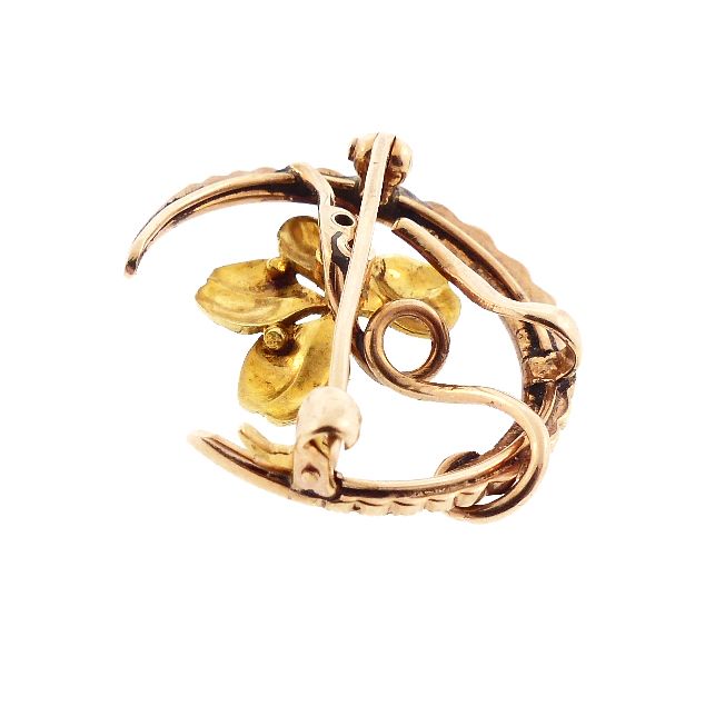 Art Nouveau 14K Gold Enamel Diamond Pearl 4-Leaf Clover Honeymoon Pin