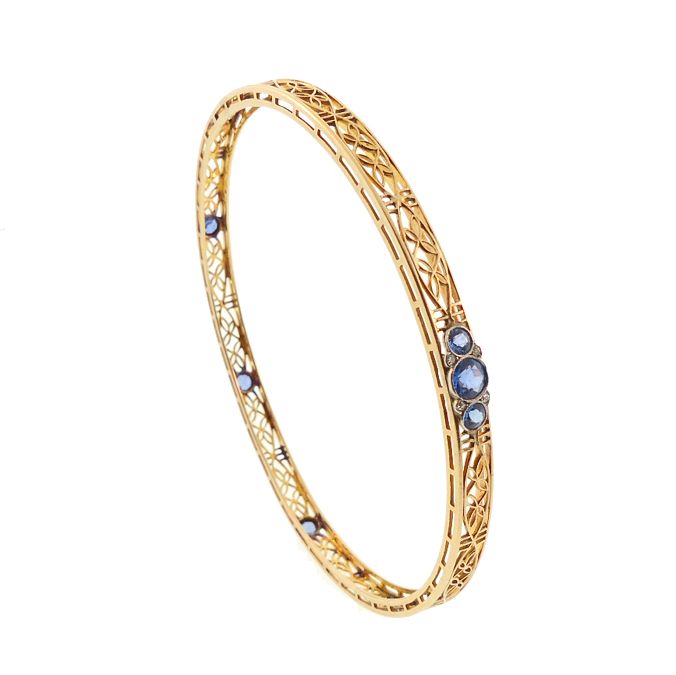 Edwardian 14K Gold, Platinum, Sapphire &amp; Diamond Bangle Bracelet