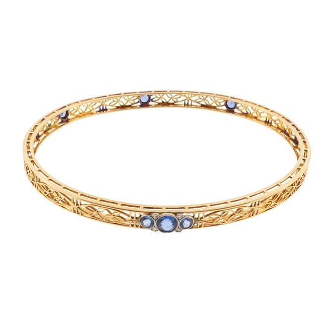 Edwardian 14K Gold, Platinum, Sapphire &amp; Diamond Bangle Bracelet