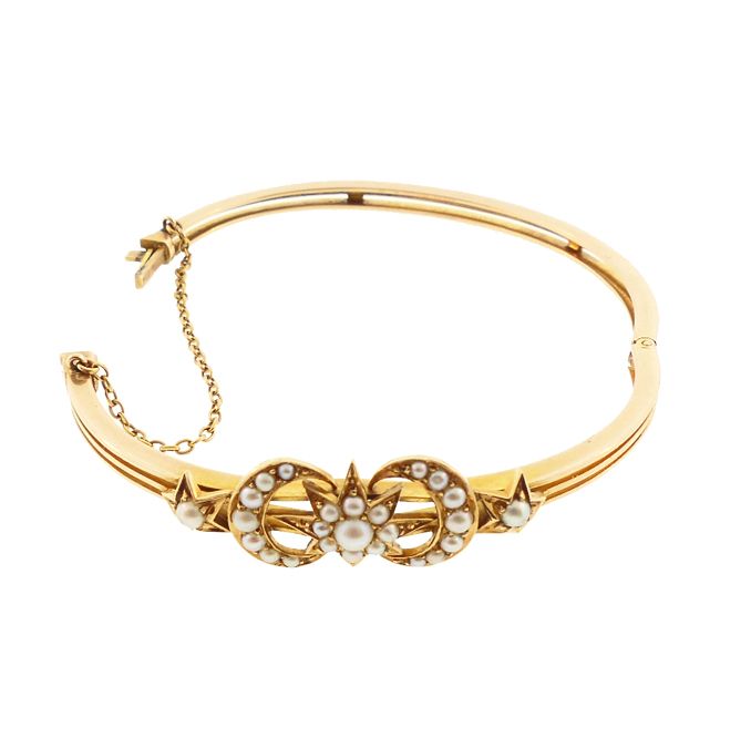 Victorian 14K Gold &amp; Pearl Crescent Moon &amp; Star Bangle Bracelet
