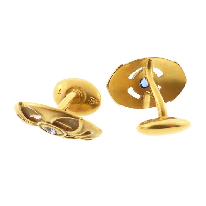 14K Gold &amp; Sapphire Art Nouveau Cufflinks