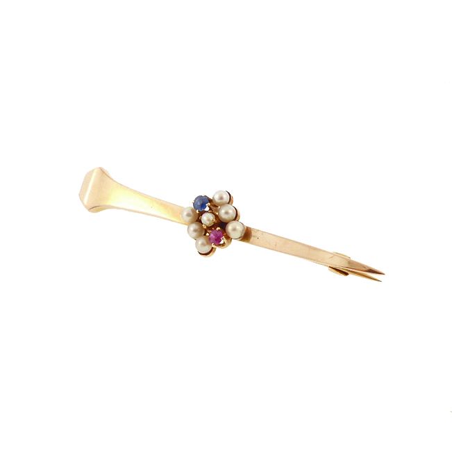 Victorian 14K Gold, Ruby, Sapphire &amp; Pearl Nail Pin / Pendant