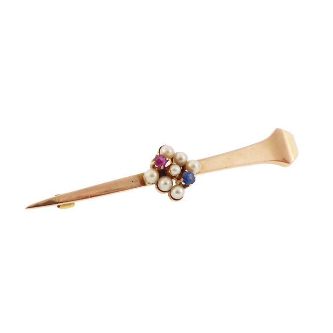 Victorian 14K Gold, Ruby, Sapphire &amp; Pearl Nail Pin / Pendant