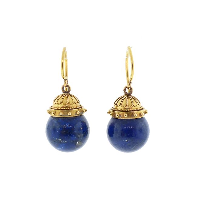 Victorian Etruscan 14K Gold &amp; Lapis Lazuli Earrings