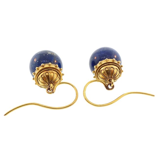 Victorian Etruscan 14K Gold &amp; Lapis Lazuli Earrings