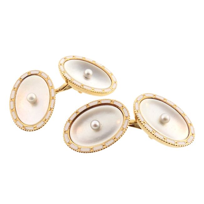 Edwardian 14K Gold Mother of Pearl Pearl &amp; Enamel Cufflinks by Larter