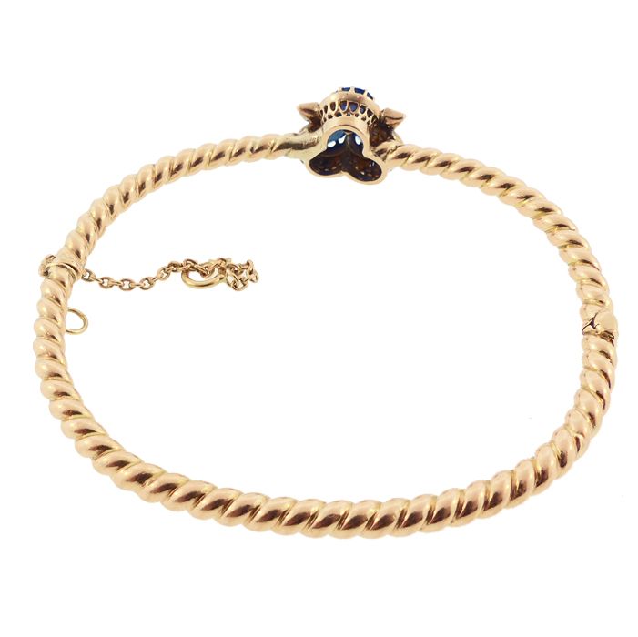 Imperial Austrian Gold Sapphire Diamond Trefoil Hinged Bangle Bracelet