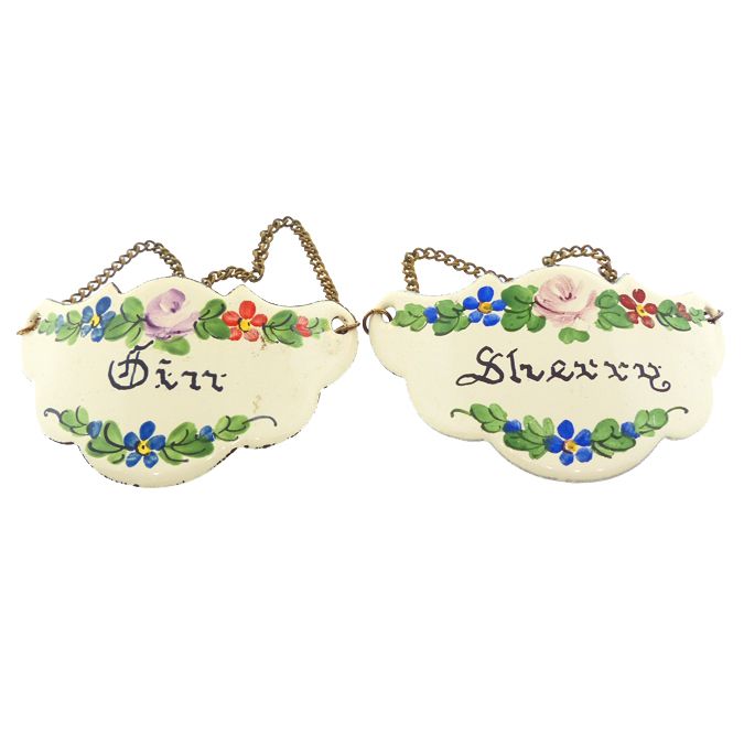Antique Staffordshire Enamel Gin &amp; Sherry Bottle Tags